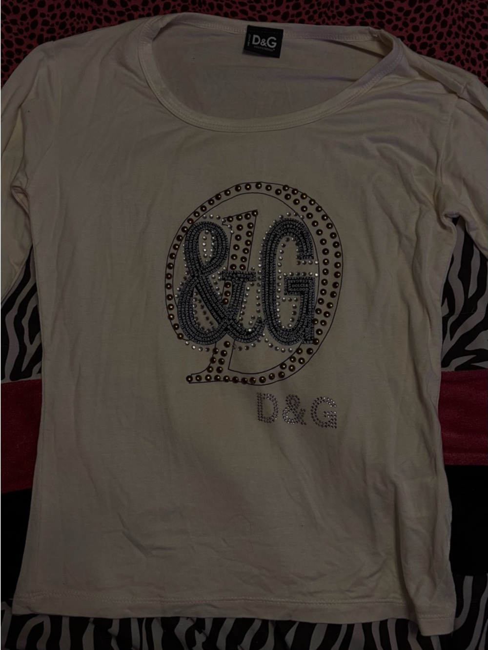 D&G White Long Sleeve Tee with Studded Logo